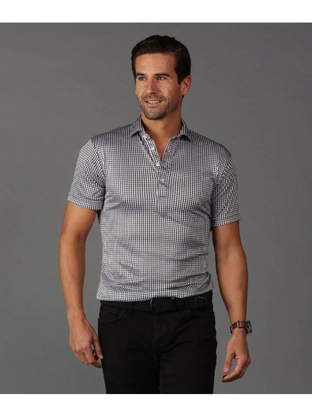 NWOT Collars and Co Polo Small Semi-Spread Collar Black Gingham Golf Career